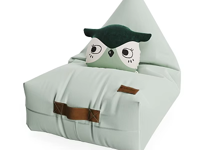 Light Green Bean Bag Chair With Owl Shaped Pillow And Brown Straps 3d model