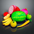 Fresh Assorted Food Items Including Ham Watermelon Pomegranate Apples Bananas Carrot on Dark Reflective Surface