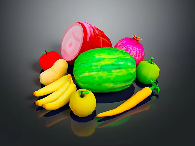 Fresh Assorted Food Items Including Ham Watermelon Pomegranate Apples Bananas Carrot on Dark Reflective Surface 3d model