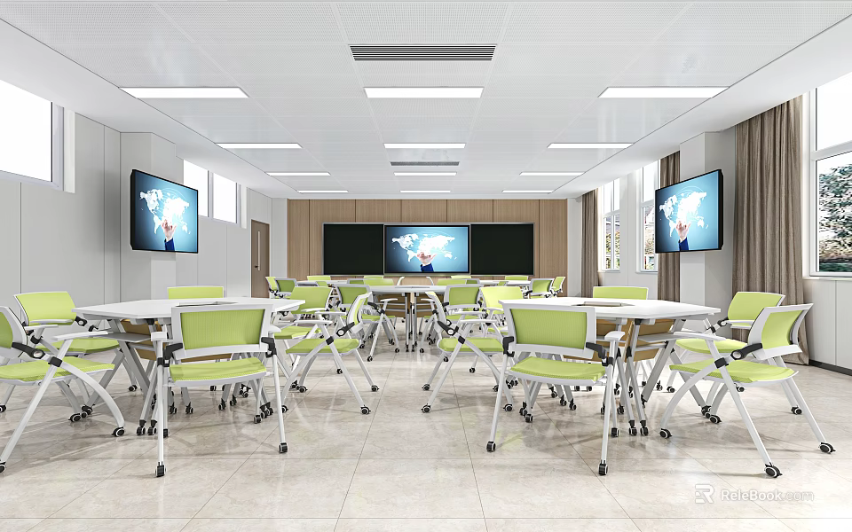 School Bright Classroom With Green Chairs White Wheeled Tables Large TVs Maps And Big Windows 3d model 
