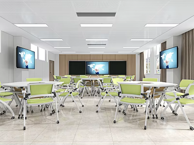 School Bright Classroom With Green Chairs White Wheeled Tables Large TVs Maps And Big Windows 3d model