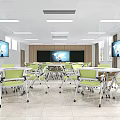 School Bright Classroom With Green Chairs White Wheeled Tables Large TVs Maps And Big Windows