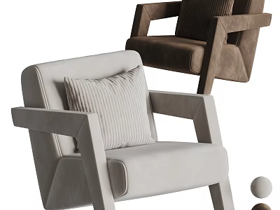 Modern Accent Chairs Featuring Beige And Brown Velvet Upholstery With Armrests And Striped Pillow 3d model