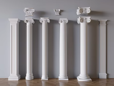 White Decorative Columns With Various Capital Designs Against Gray Wall And Wooden Floor 3d model