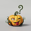 Pumpkin Shaped Doll with Curly Vines Winking Expression Sticking Out Tongue and Question Mark Vine