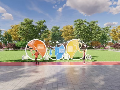 Colorful Circular Garden Ornaments In Outdoor Space With Grass Lawn Trees And Blue Sky 3d model