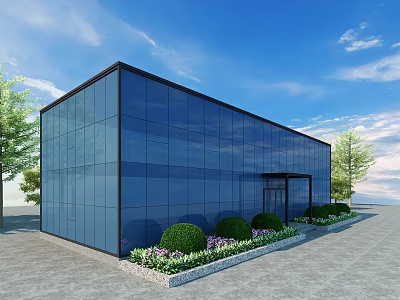 Modern Sunroom With Glass Walls And Lush Garden Greenery Under Blue Sky 3d model