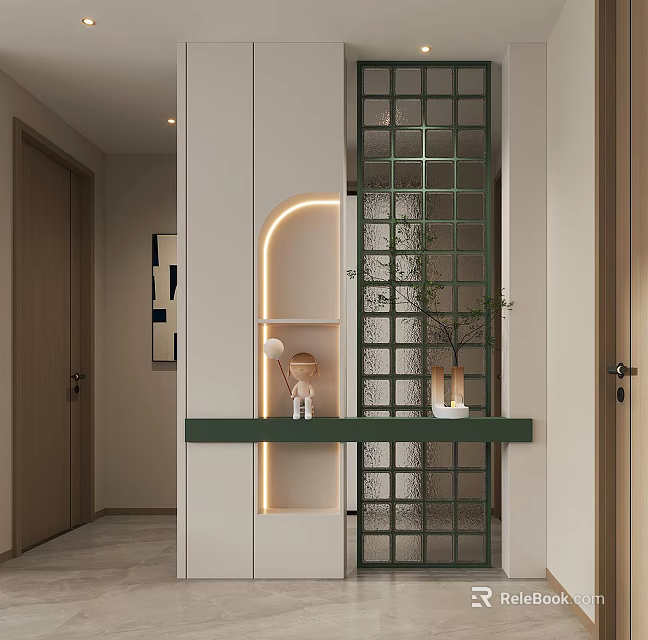 Modern Entryway Hallway With White Cabinets Green Countertop Grid Partition Arched Light Strip And Decorations 3d model 