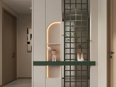 Modern Entryway Hallway With White Cabinets Green Countertop Grid Partition Arched Light Strip And Decorations 3d model