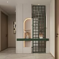 Modern Entryway Hallway With White Cabinets Green Countertop Grid Partition Arched Light Strip And Decorations