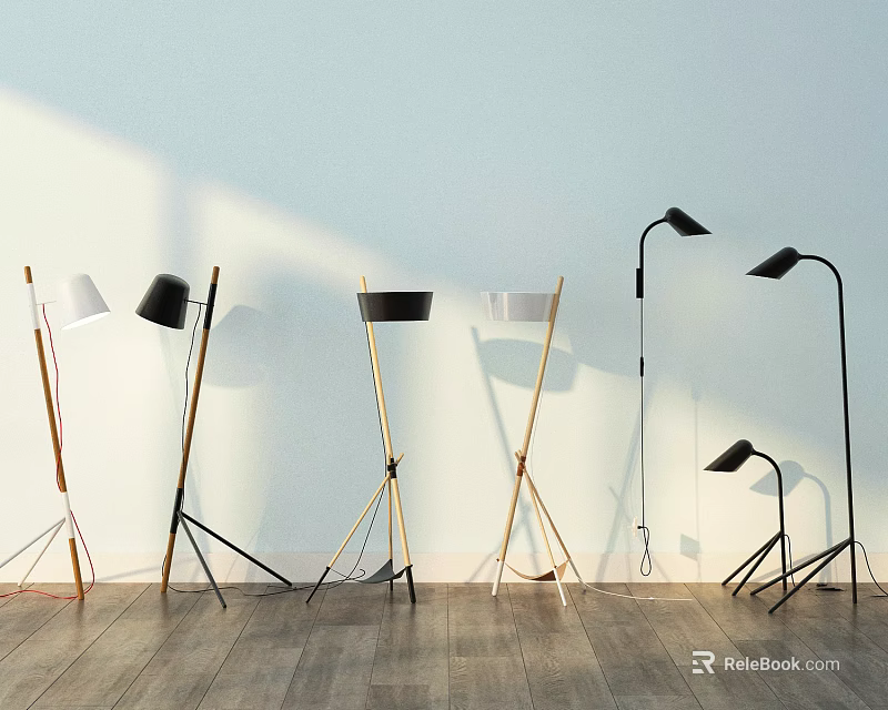 Modern Floor Lamps With Various Designs On Light Blue Wall And Wooden Floor 3d model 