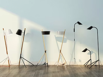 Modern Floor Lamps With Various Designs On Light Blue Wall And Wooden Floor 3d model