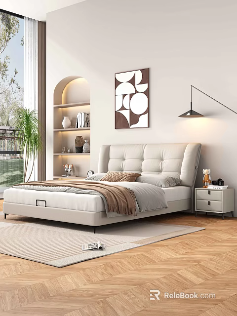 Modern Upholstered Double Bed in Stylish Bedroom with Nightstand Abstract Painting and Green Plants 3d model 