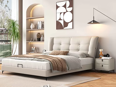 Modern Upholstered Double Bed in Stylish Bedroom with Nightstand Abstract Painting and Green Plants 3d model