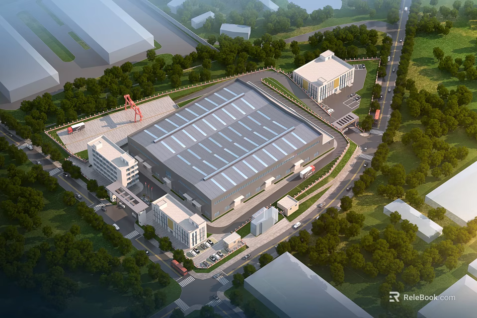 Modern Industrial Factory Building With Spacious Roof Surrounding Green Trees And Office Facilities 3d model 