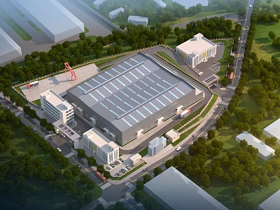 Modern Industrial Factory Building With Spacious Roof Surrounding Green Trees And Office Facilities 3d model
