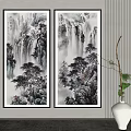 Traditional Chinese Landscape Painting With Mountains Waterfalls And Pine Trees Hanging On Wall