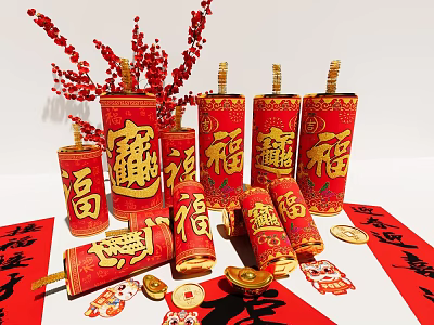 Chinese New Year Decor Set with Red Firecracker Ornaments Fu Characters Flowering Branches Gold Coins 3d model