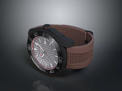 Stylish Black Watch With Brown Silicone Strap And Grid Pattern Dial 3d model