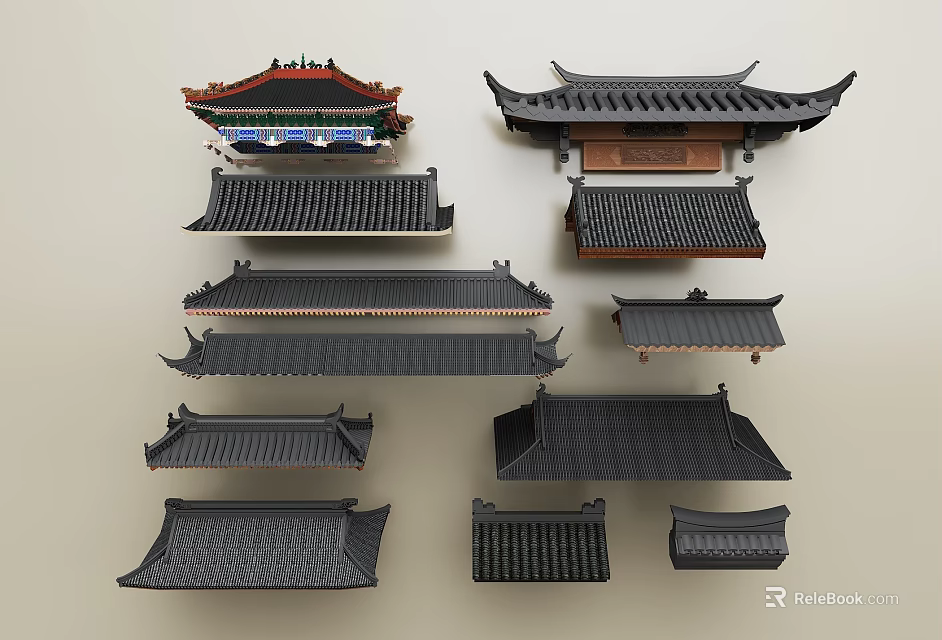 Traditional Chinese Roof Components With Various Styles Tiles And Eaves Design 3d model 