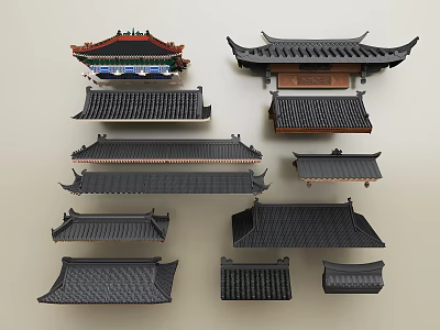 Traditional Chinese Roof Components With Various Styles Tiles And Eaves Design 3d model