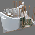 Modern Exhibition Booth Featuring Curved Structure Wooden Frames Green Plant Decorations And Reception Counter