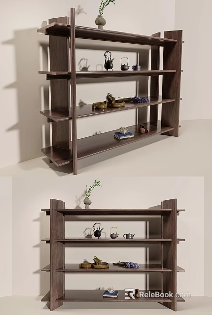 Modern Wooden Storage Shelf With Multiple Shelves And Decorative Display Items 3d model 