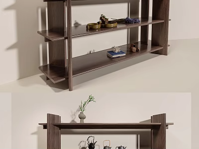 Modern Wooden Storage Shelf With Multiple Shelves And Decorative Display Items 3d model