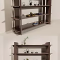 Modern Wooden Storage Shelf With Multiple Shelves And Decorative Display Items
