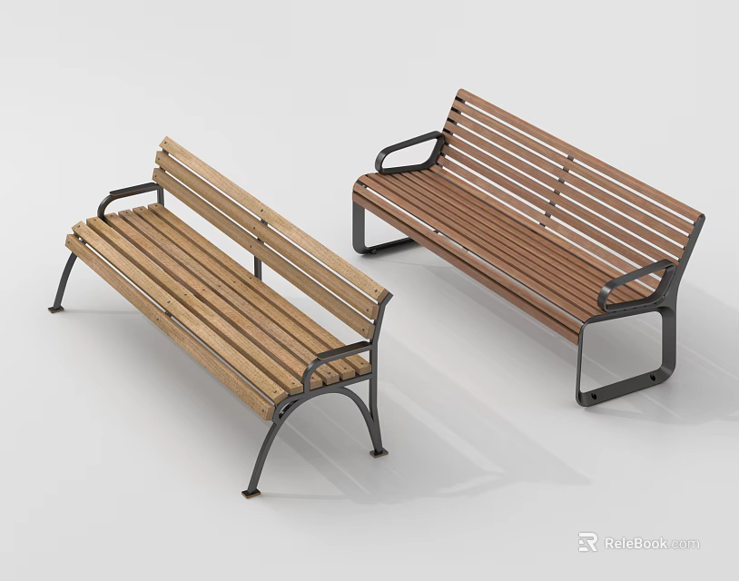 Modern Wooden Landscape Benches With Metal Frames And Armrests For Outdoor Parks 3d model 