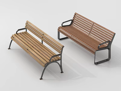 Modern Wooden Landscape Benches With Metal Frames And Armrests For Outdoor Parks 3d model