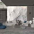 Modern Living Room Interior Featuring Marble Wall Light Sofa Blue Accent Chair And Coffee Table