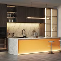 Modern Kitchen Interior With Dark Wooden Cabinets Marble Countertop Bar Stools And Lighting