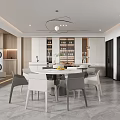 Modern Open Concept Restaurant With White Dining Table Grey Chairs Wine Cabinet And Hanging Pendant Light