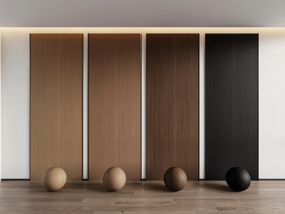 Modern Interior Wall Panels With Various Wooden Tones And Decorative Spheres On Wooden Floor 3d model