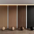 Modern Interior Wall Panels With Various Wooden Tones And Decorative Spheres On Wooden Floor