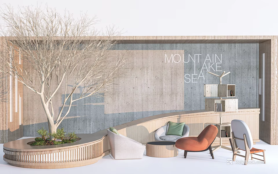 Modern Lounge Area with Comfortable Sofa Armchairs Indoor Tree and Mountain Sea Wall Design 3d model 