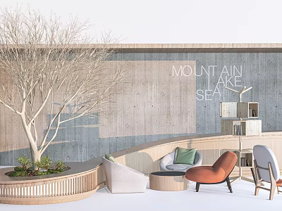 Modern Lounge Area with Comfortable Sofa Armchairs Indoor Tree and Mountain Sea Wall Design 3d model