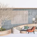 Modern Lounge Area with Comfortable Sofa Armchairs Indoor Tree and Mountain Sea Wall Design