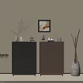 Modern Entryway Cabinet And Side Cabinet With Vase Decorations And Framed Wall Art