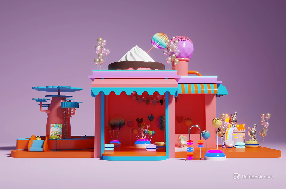 Pink Candy Shop With Cream Ice Cream Decor Cotton Candy Trees And Purple Background 3d model 