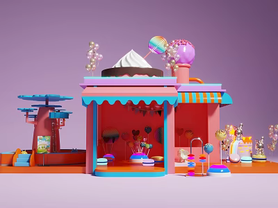 Pink Candy Shop With Cream Ice Cream Decor Cotton Candy Trees And Purple Background 3d model