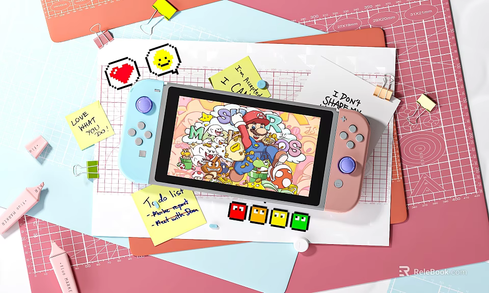 Entertainment Console with Colorful Cartoon Character Display and Cute Stationery Like Sticky Notes Smiley Stickers 3d model 