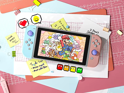 Entertainment Console with Colorful Cartoon Character Display and Cute Stationery Like Sticky Notes Smiley Stickers 3d model