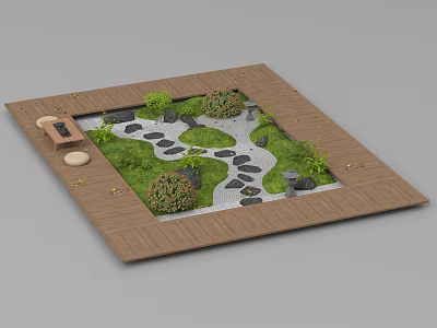 Garden Landscape Design With Wooden Platform Stone Path Green Plants And Seating Area 3d model