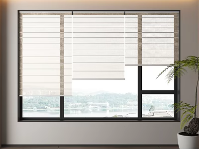 Light Colored Modern Window Blinds In Living Room With Scenic View And Potted Plant 3d model