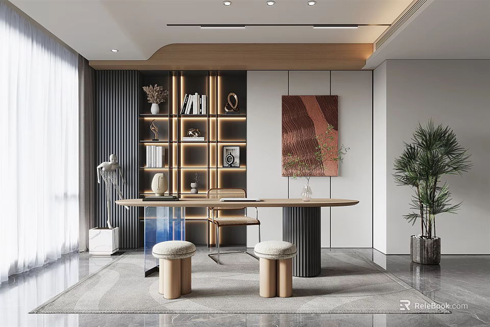 Modern Study Room Interior With Wooden Bookshelf Round Table Wall Painting And Potted Plant 3d model 