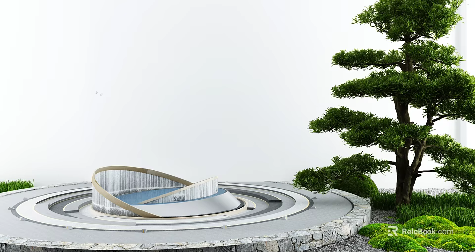 Courtyard Garden Featuring Spiral Pool Circular Layout Pine Tree And Stone Edges 3d model