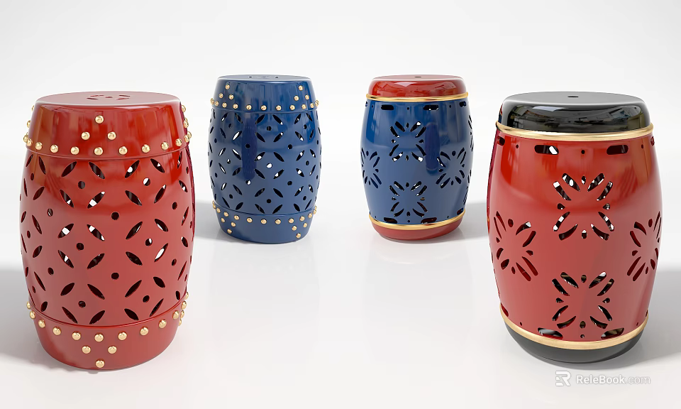 Colorful Decorative Drum Stools With Hollow Patterns And Gold Studs Design 3d model