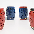 Colorful Decorative Drum Stools With Hollow Patterns And Gold Studs Design 3d model